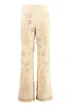 Alberta Ferretti Cotton Trousers Embroidered Frayed Hem In Neutral