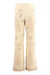 Alberta Ferretti Cotton Trousers Embroidered Frayed Hem In Neutral