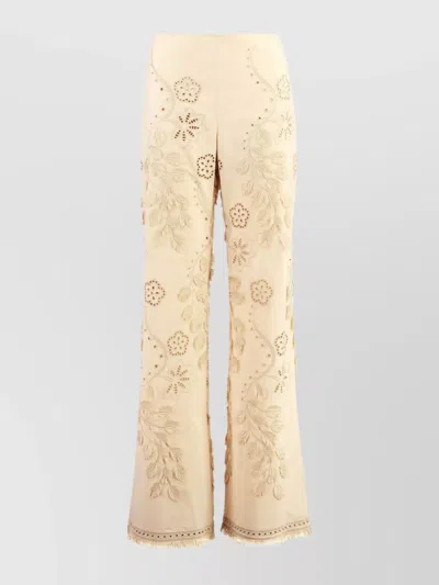 Alberta Ferretti Cotton Trousers Embroidered Frayed Hem In Neutral