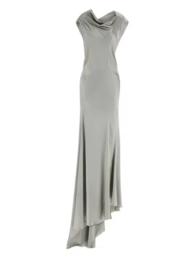 Alberta Ferretti Draped Satin Dress Asymmetric Neckline In Gray