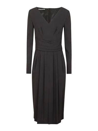 Alberta Ferretti Black Viscose Midi Dress With Deep V-neckline