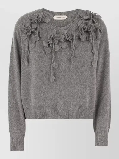 Alberta Ferretti Wool Sweater With Raised Embroidered Flowers In Gray