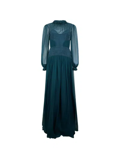 Alberta Ferretti Crochet-knit Ruffled-cuff Maxi Dress In Blue