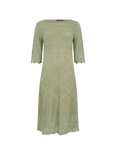 Alberta Ferretti Crochet-knit Three-quarter Sleeve Midi Dress In Green