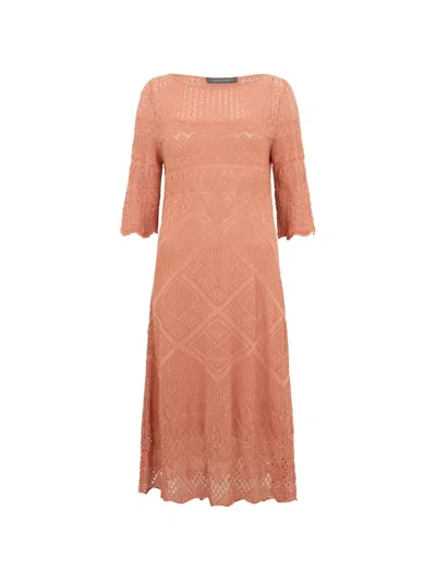 Alberta Ferretti Crochet-knit Three-quarter Sleeve Midi Dress In Orange