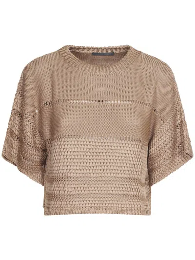 Alberta Ferretti Cropped Open-knit Sweater With Textured Pattern In Brown