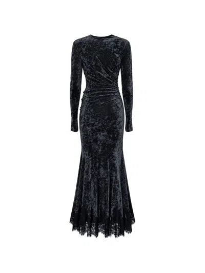 Alberta Ferretti Crushed-velvet Lace-trim Dress In Black