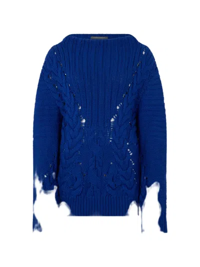 Alberta Ferretti Distressed-finish Cable-knit Sweater In Blue