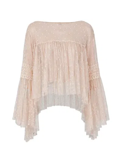 Alberta Ferretti Dotted Sheer-lace Flared Blouse In Pink