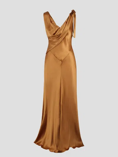 Alberta Ferretti Draped Neckline Long Satin Dress In Brown