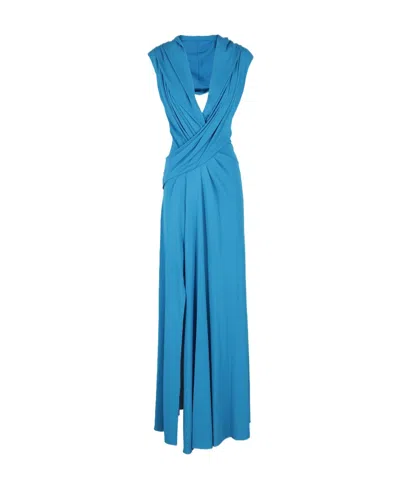 Alberta Ferretti Draped Open-back Slouch-hood Gown In Blue