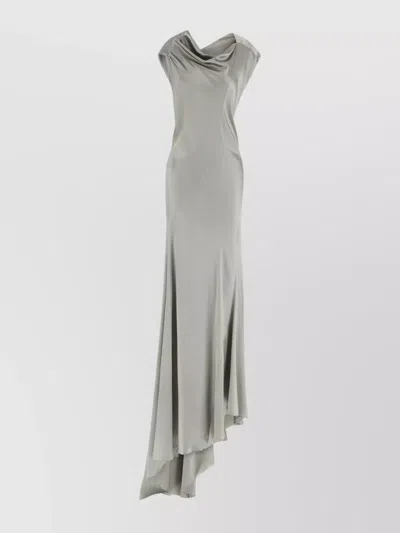 Alberta Ferretti Draped Satin Dress Asymmetric Neckline In Gray