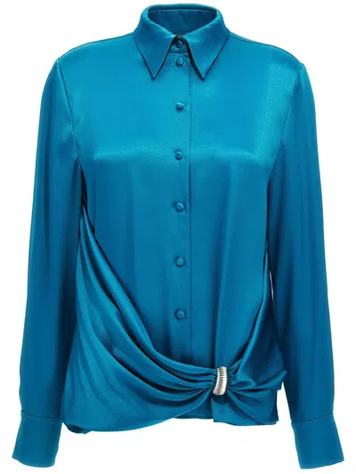 Alberta Ferretti Draped Collared Shirt With Cuff Detail In Blue