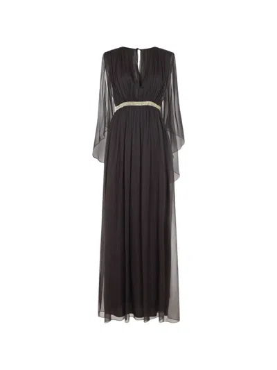 Alberta Ferretti Fitted Long Gown With Contrasting Embroidered Details In Brown