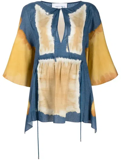 Alberta Ferretti Tie Dye Print Caftan With V-neck And Bow In Blue