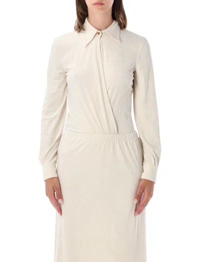 Alberta Ferretti Draped Wrap-front Shirt Collar Bodysuit In Neutral