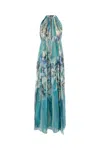Alberta Ferretti Flower-print Pleated Chiffon Halter Gown In Blue