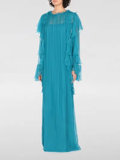 Alberta Ferretti Pleated Ruffled Evening Dress In Blue
