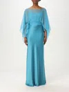 Alberta Ferretti Blue Long Dress With Layered Design And Upper Cape In Silk Blend Woman In Gnawed Blue