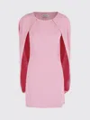 Alberta Ferretti Pink Crew Neck Dress With Cap Sleeves And Draped Shoulders In Fabric Woman In Pink