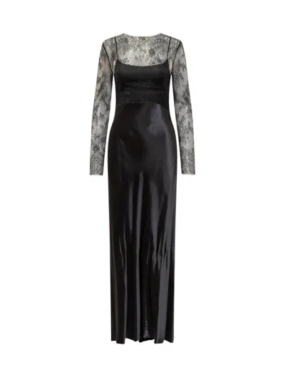 Alberta Ferretti Glossy Satin And Lace Dress In Black