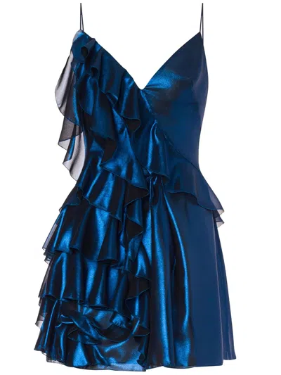 Alberta Ferretti Shiny Dress Frilled Spaghetti Straps In Blue