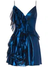 Alberta Ferretti Shiny Dress Frilled Spaghetti Straps In Blue