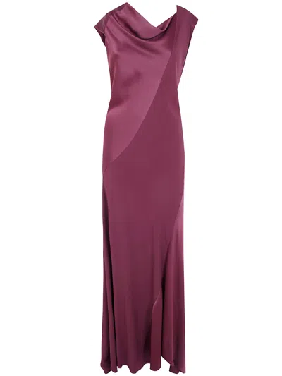 Alberta Ferretti Satin Cowl Neck Long Dress Sleeveless In Brown