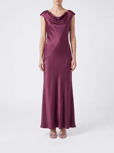 Alberta Ferretti Satin Cowl Neck Long Dress Sleeveless In Brown
