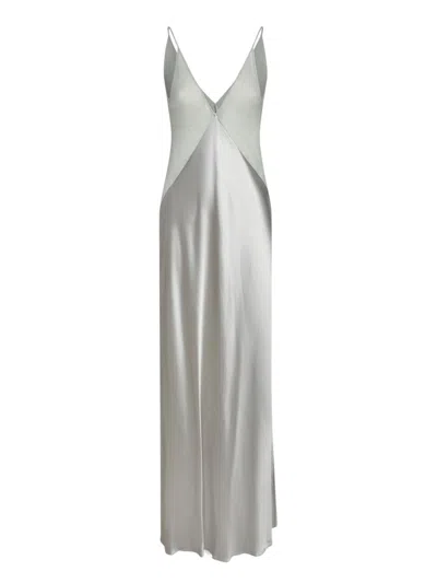 Alberta Ferretti Shiny Satin Long Dress In Gray