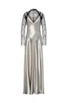 Alberta Ferretti Backless Satin Long Sleeve Floor-length Dress In Gray