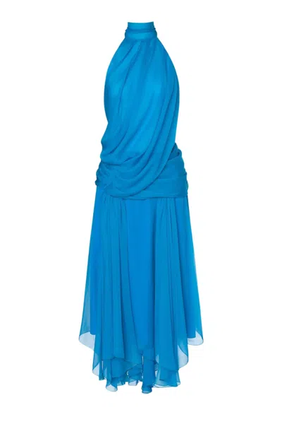 Alberta Ferretti Elegant Mini Dress With Lavallière Collar In Blue