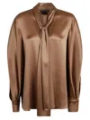 Alberta Ferretti Satin-finish Blouse With Tie Neck Detail In Brown