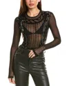 Alberta Ferretti Embellished Long-sleeve Mesh Bodysuit In Black