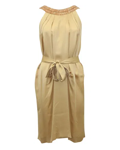 Alberta Ferretti Embellished Neck Detail Belted Dress In Beige Silk