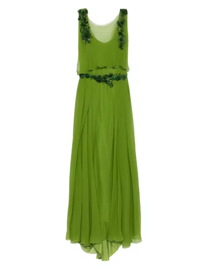 Alberta Ferretti Embellished-waist Silk Maxi Evening Gown In Green