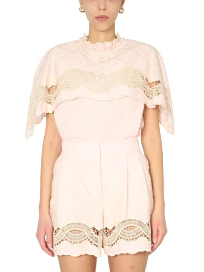 Alberta Ferretti Embroidered Cape Top With Back Button Closure In Neutral