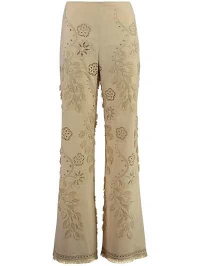 Alberta Ferretti Embroidered Flared Trousers In Brown