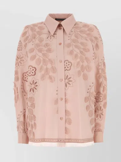 Alberta Ferretti Embroidered Floral Poplin Shirt Fringe Detail In Pink
