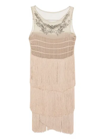 Alberta Ferretti Embroidered Fringed Midi Dress In Neutral