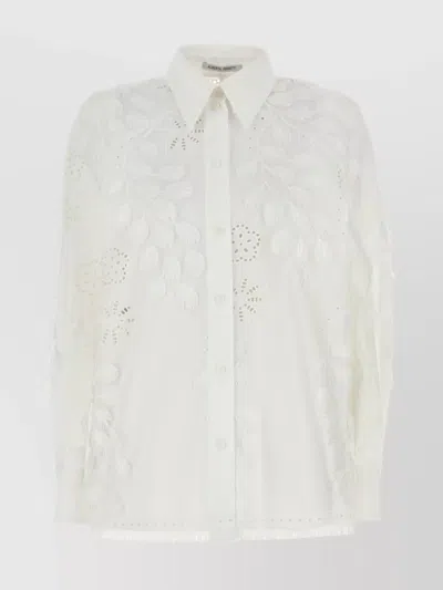 Alberta Ferretti Embroidered Poplin Shirt Fringed Hem In White