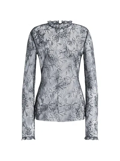 Alberta Ferretti Embroidered Sequin-embellished Lace Blouse In Blue