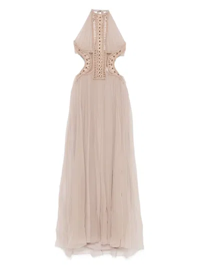 Alberta Ferretti Embroidered Tulle Maxi Dress In Neutral