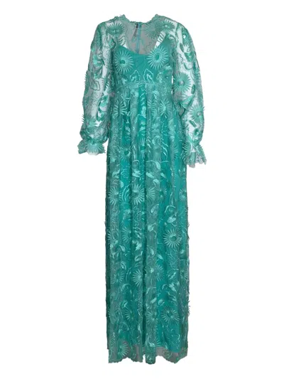 Alberta Ferretti Embroidered Tulle Maxi Dress In Green