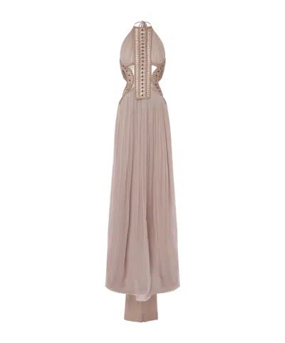 Alberta Ferretti Embroidered Tulle Maxi Dress In Nude