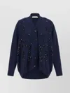 Alberta Ferretti V-neck Cashmere And Silk Blend Cardigan With Crystal Embroidery In Blue