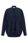 Alberta Ferretti V-neck Cashmere And Silk Blend Cardigan With Crystal Embroidery In Blue