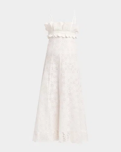 Alberta Ferretti Eyelet Embroidered Ruffle Empire Midi Dress In White