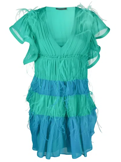 Alberta Ferretti Feather Embellished Short Dress In Green