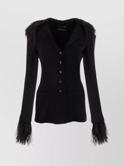 ALBERTA FERRETTI FEATHER TRIMMED CREPE BLAZER WITH STRUCTURED SHOULDERS
